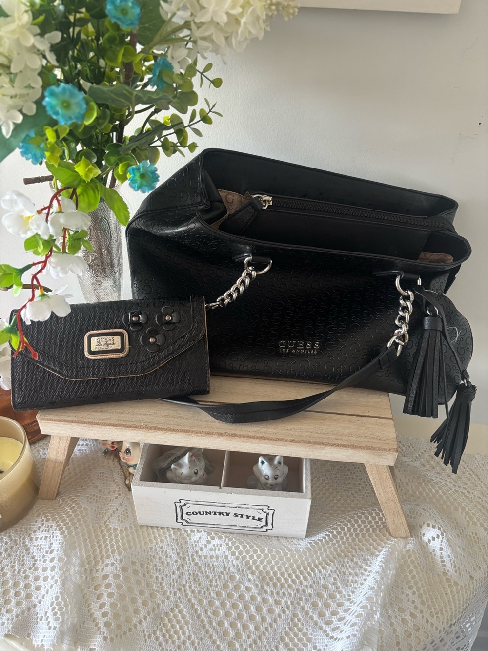 Guess Black Logo-Embossed Shoulder Bag with Tassel and Matching Wallet